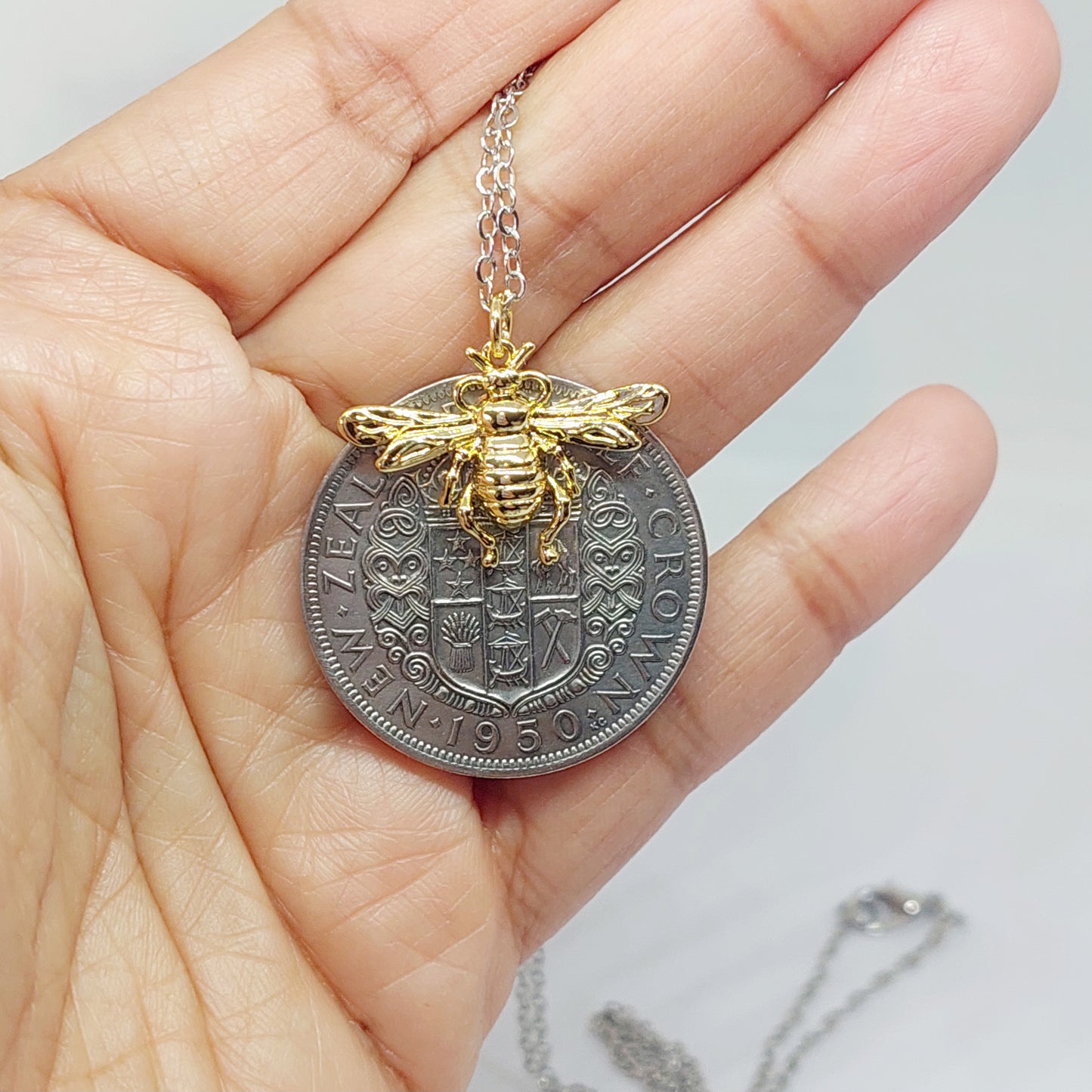 Re-minted Half Crown Pendant with Large Gold Honeybee