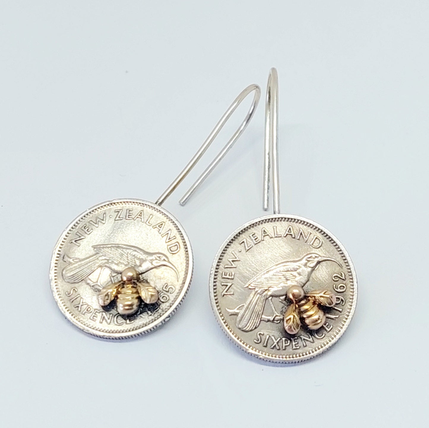 Re-minted Artisan Coin Earrings with Tiny Bees - Sixpence