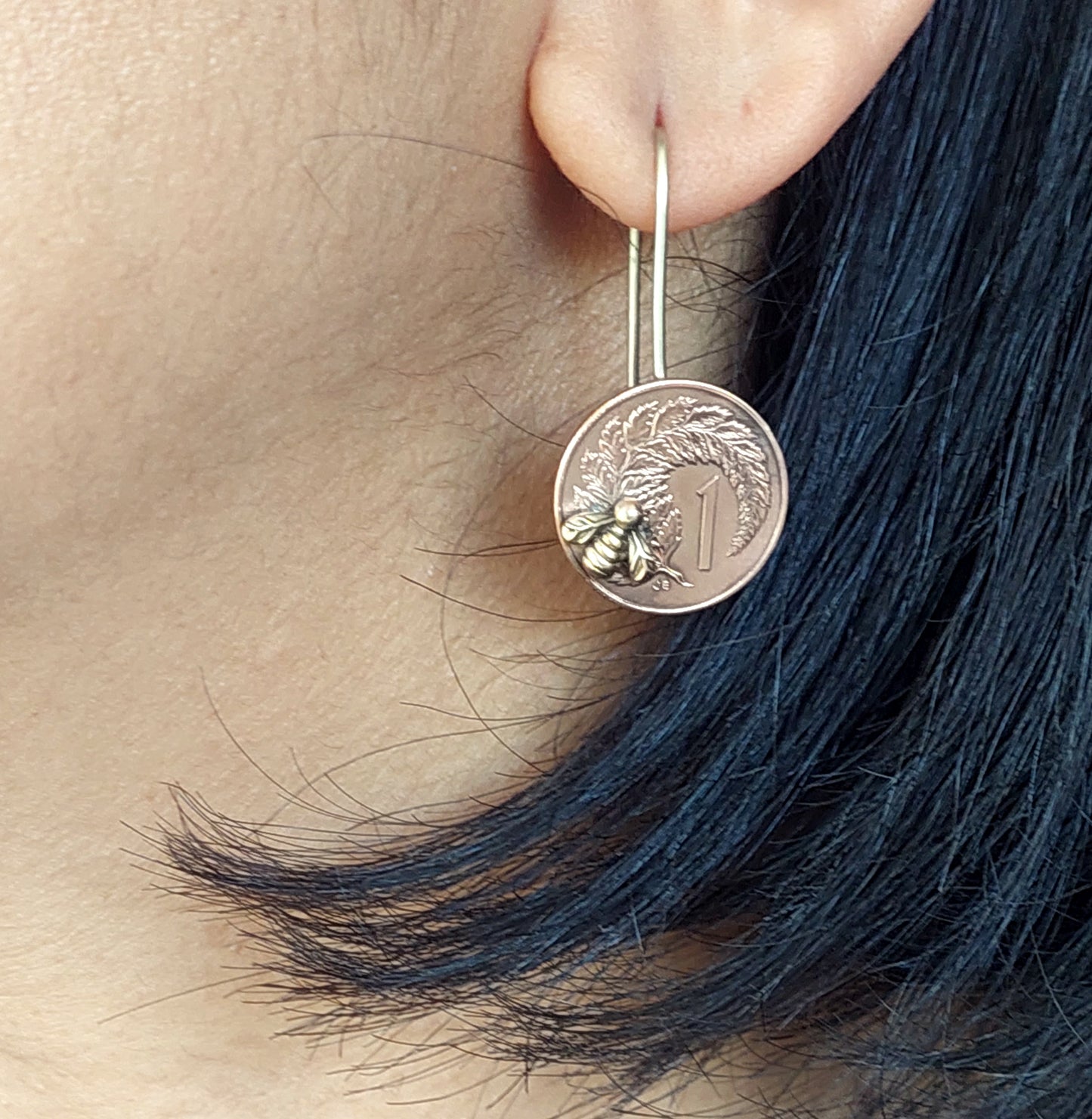 Re-minted Artisan Coin Earrings with Tiny Bees - One Cent