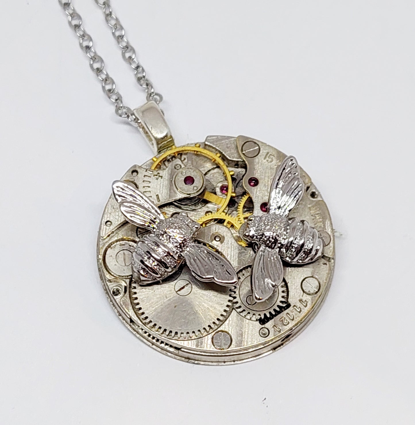 Timepiece Pendant with Silver Honeybees