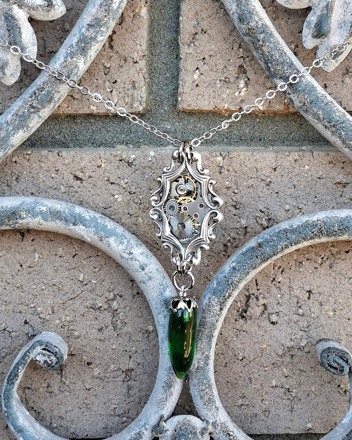 NEW! Timepiece Awa Diamond Frame Necklace with Green Glass Pointed Drop