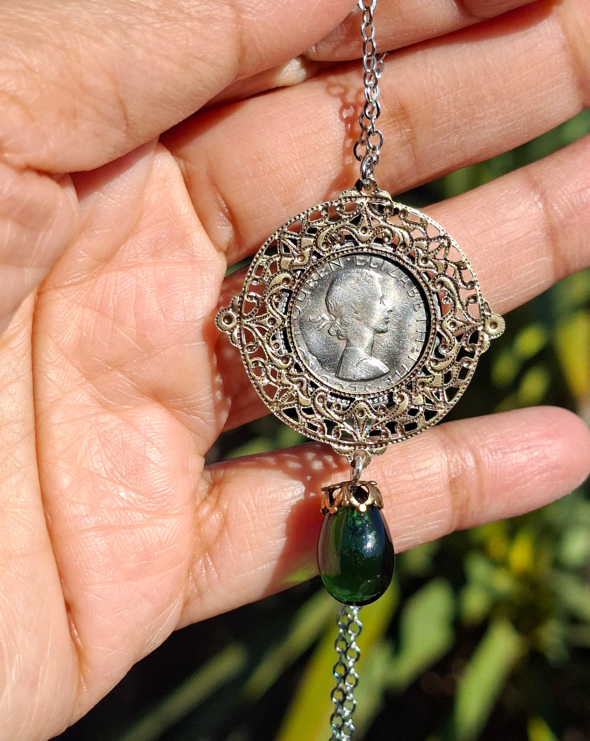 NEW! Re-minted Awa Sixpence Coin Necklace with Filigree Setting and Green Glass Teardrop