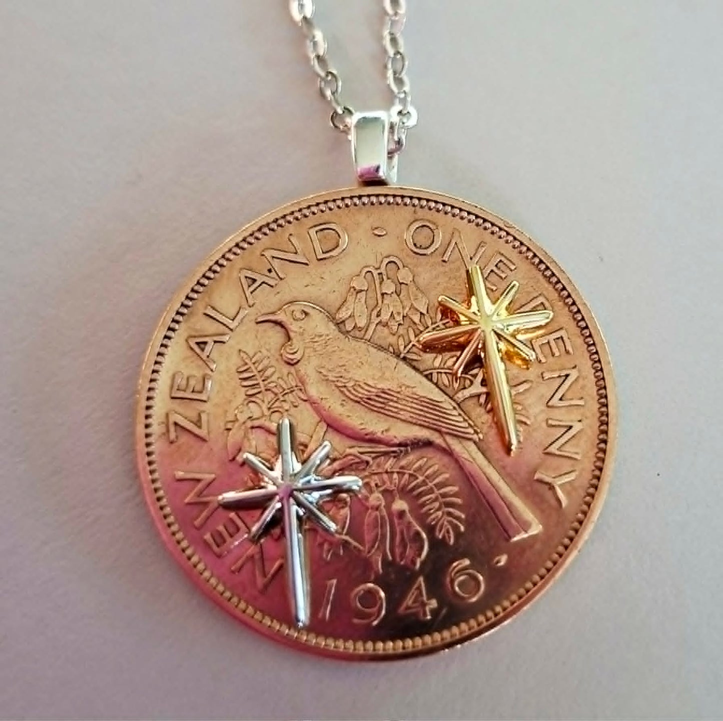 NEW! Matariki collection - Re-minted One penny pendant with mixed metal stars