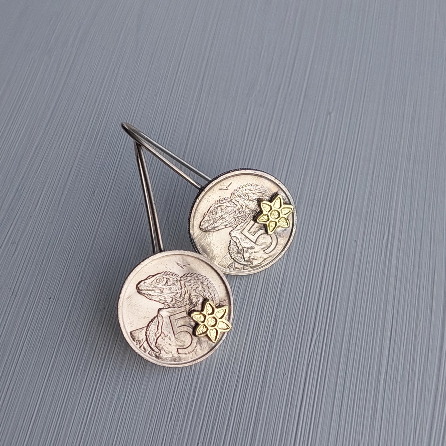 Re-minted Artisan Coin Earrings with Tiny Flowers
