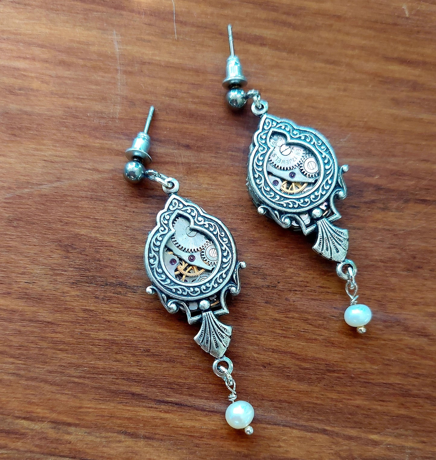NEW!! Timepiece Ornate Window Earrings with Pearls