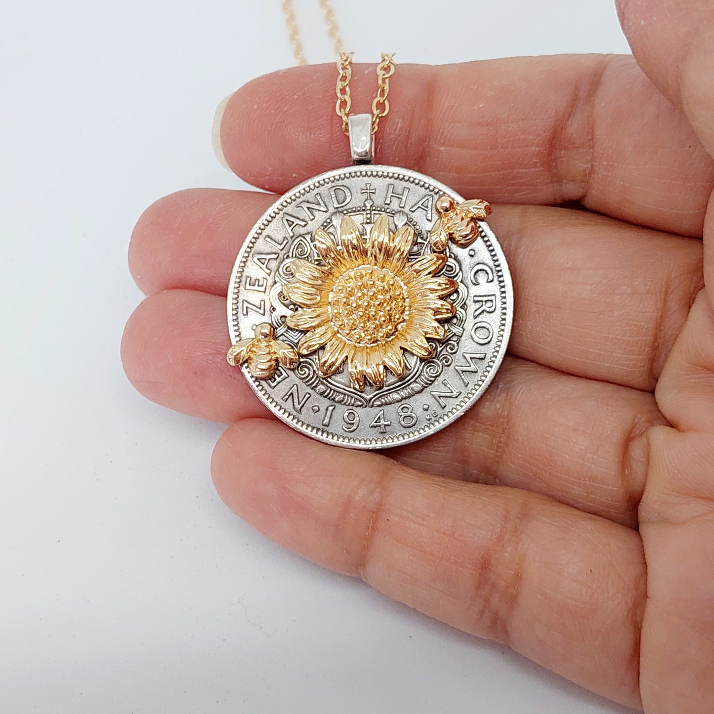 Bestseller!! Re-minted Half Crown Pendant with Golden Sunflower and Bees