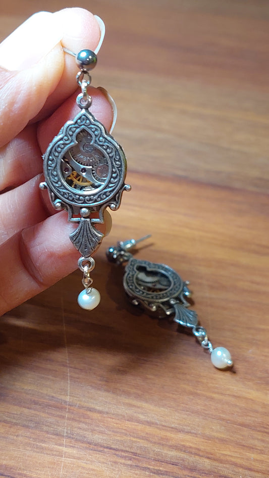 NEW!! Timepiece Ornate Window Earrings with Pearls