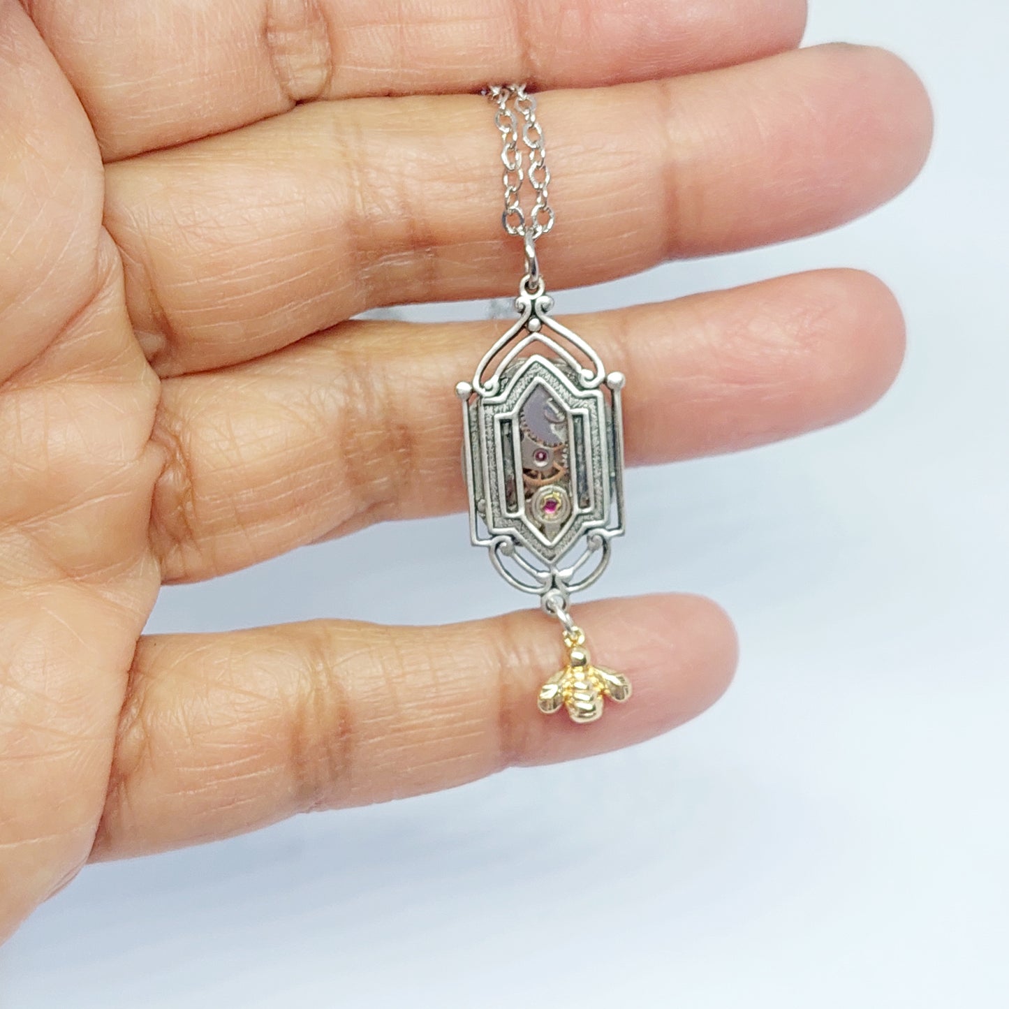 Co Art Deco Window Pendant with vintage timepiece and gold bee - wholesale