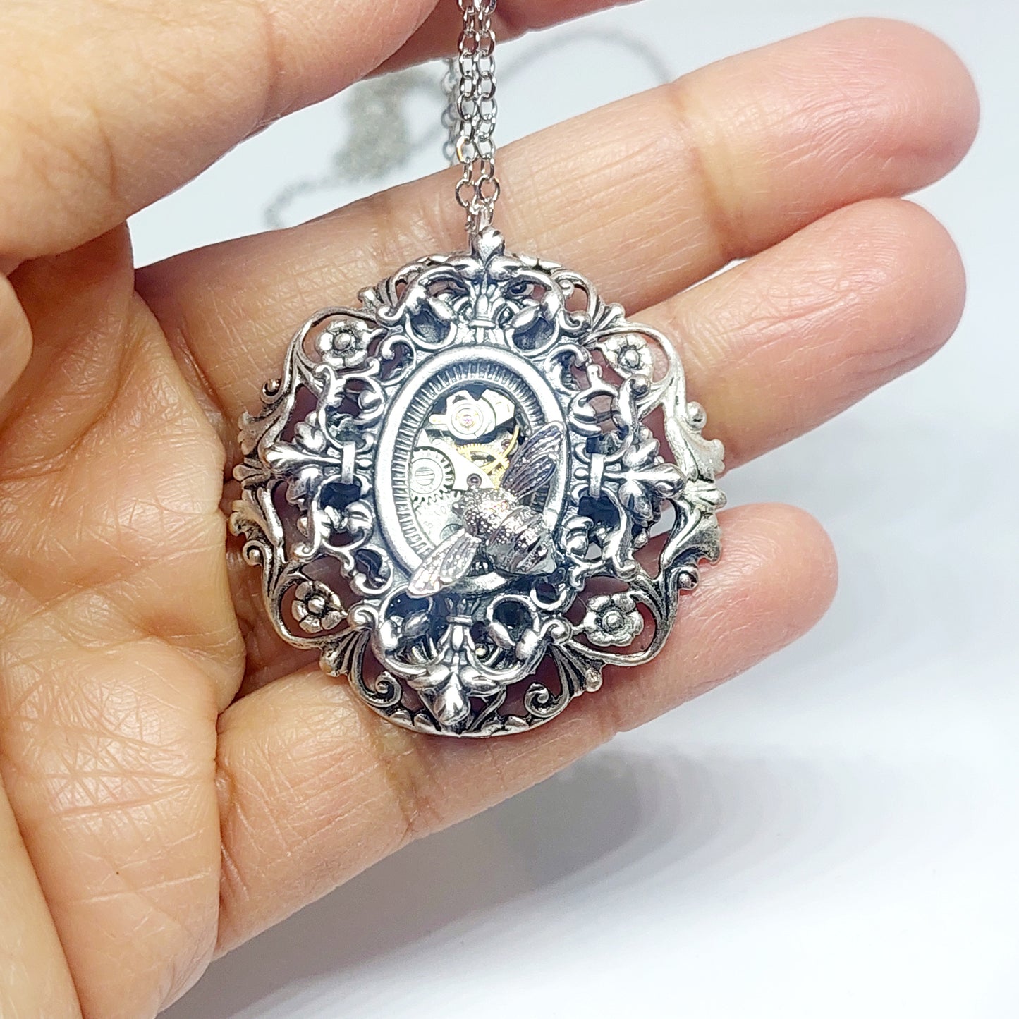 SP Ornate Stacked Filigree Pendant with Bee - Silver - wholesale