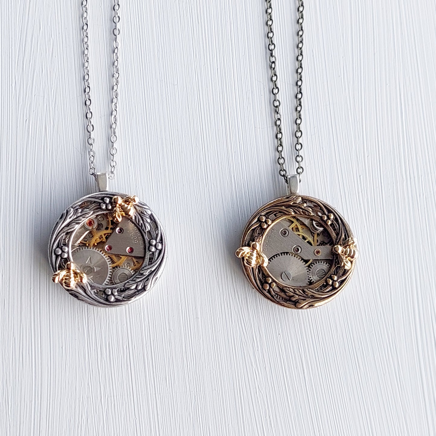 Timepiece Berries and Vines Wreath Pendant with Bee - Brass or Silver