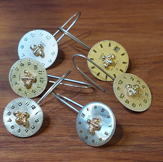 NEW!! Mismatched watchface earrings with tiny gold bees