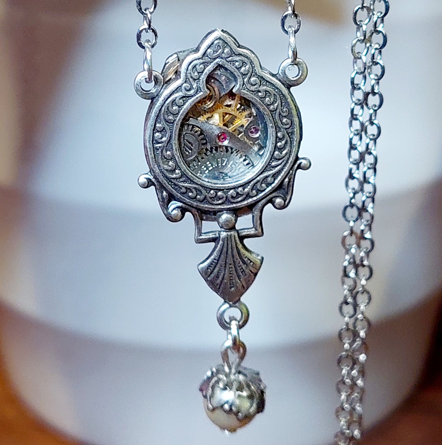 NEW!! Ornate Window Pendant with Timepiece and Pearl