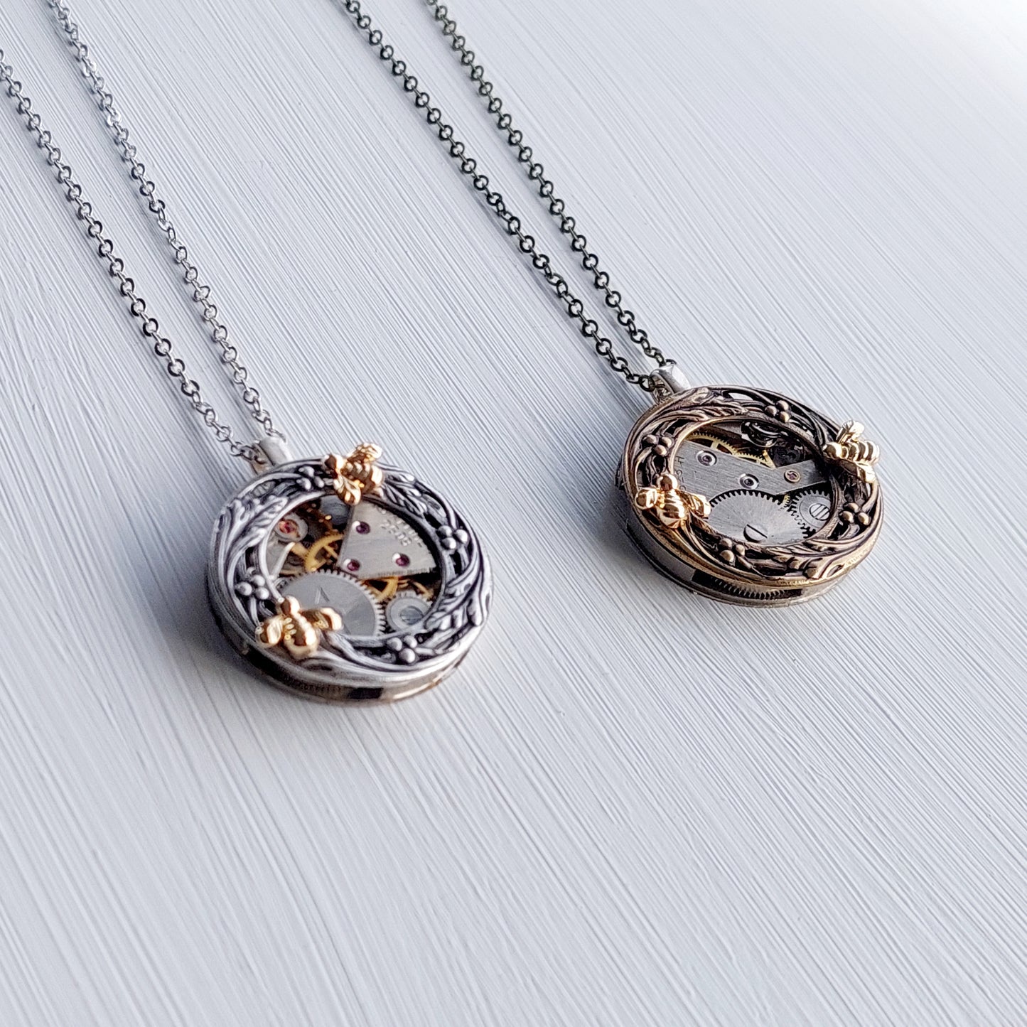 Timepiece Berries and Vines Wreath Pendant with Bee - Brass or Silver