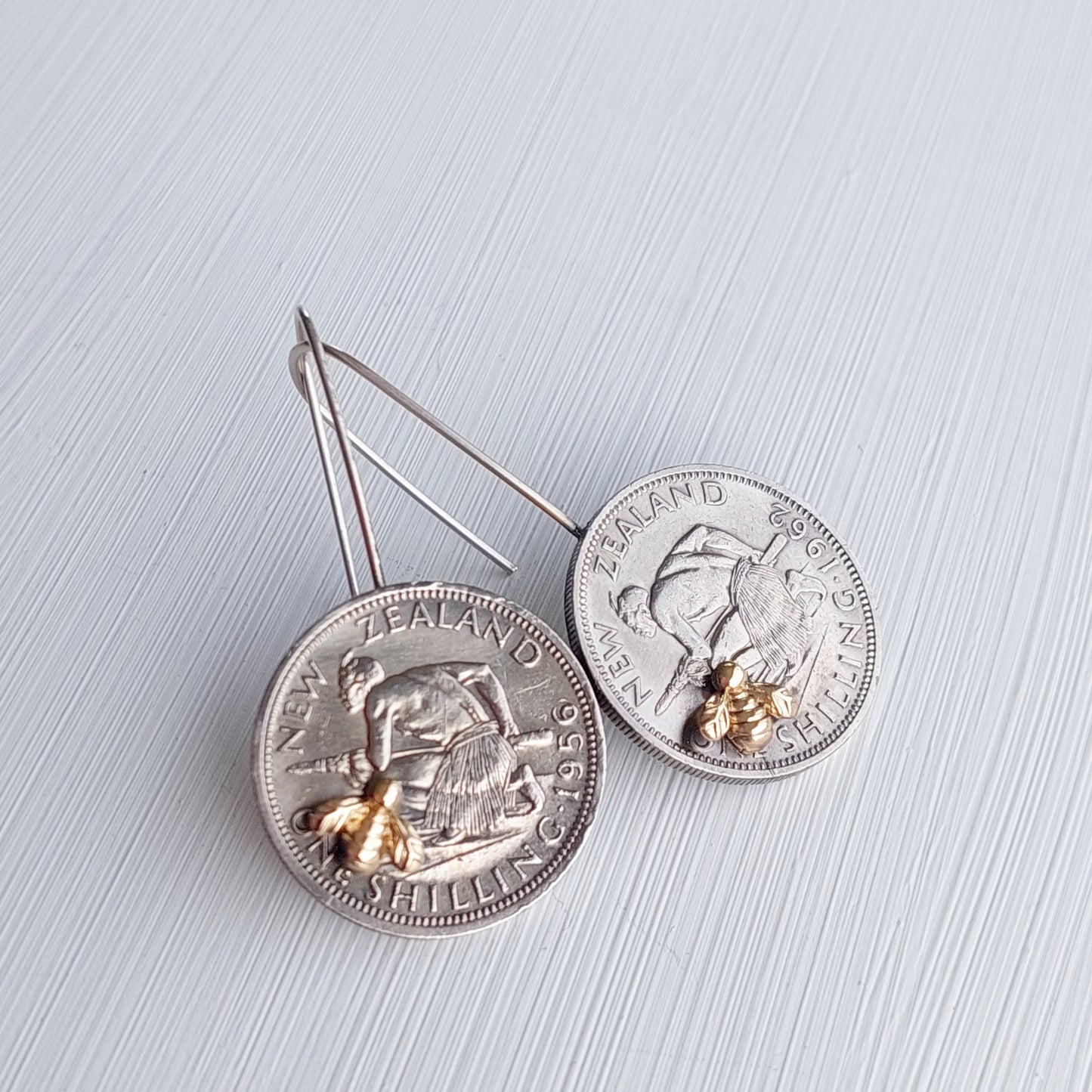 Re-minted Artisan Large Coin Earrings with Tiny Bees