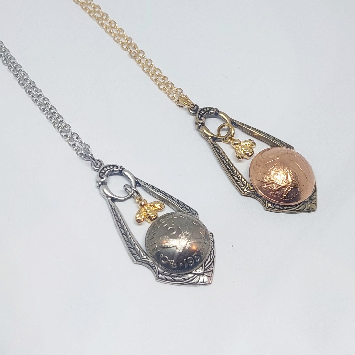 SALE!! Re-minted Ornate Drop Pendant with Tiny Gold Bee and One Cent Coin