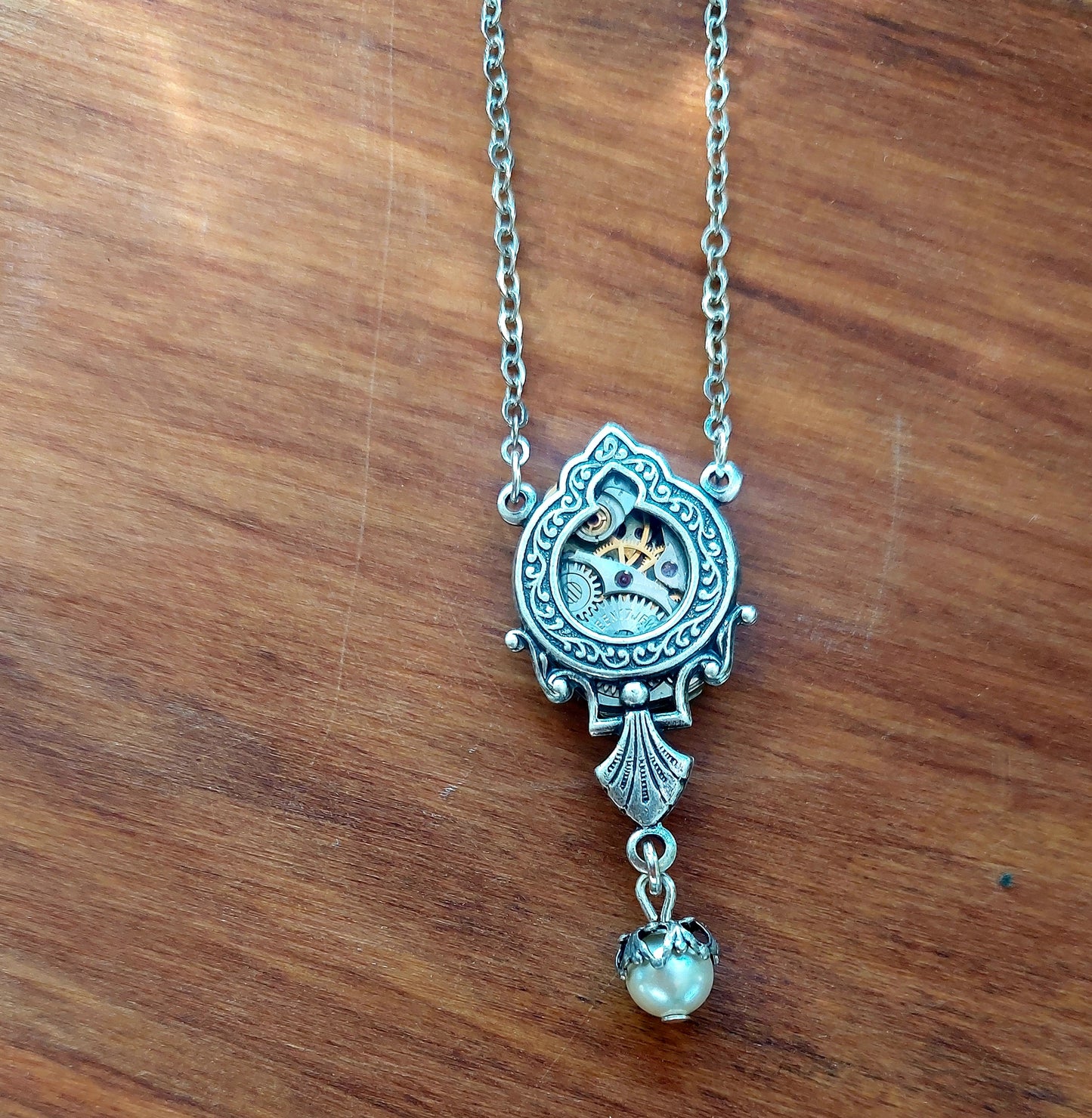 NEW!! Ornate Window Pendant with Timepiece and Pearl