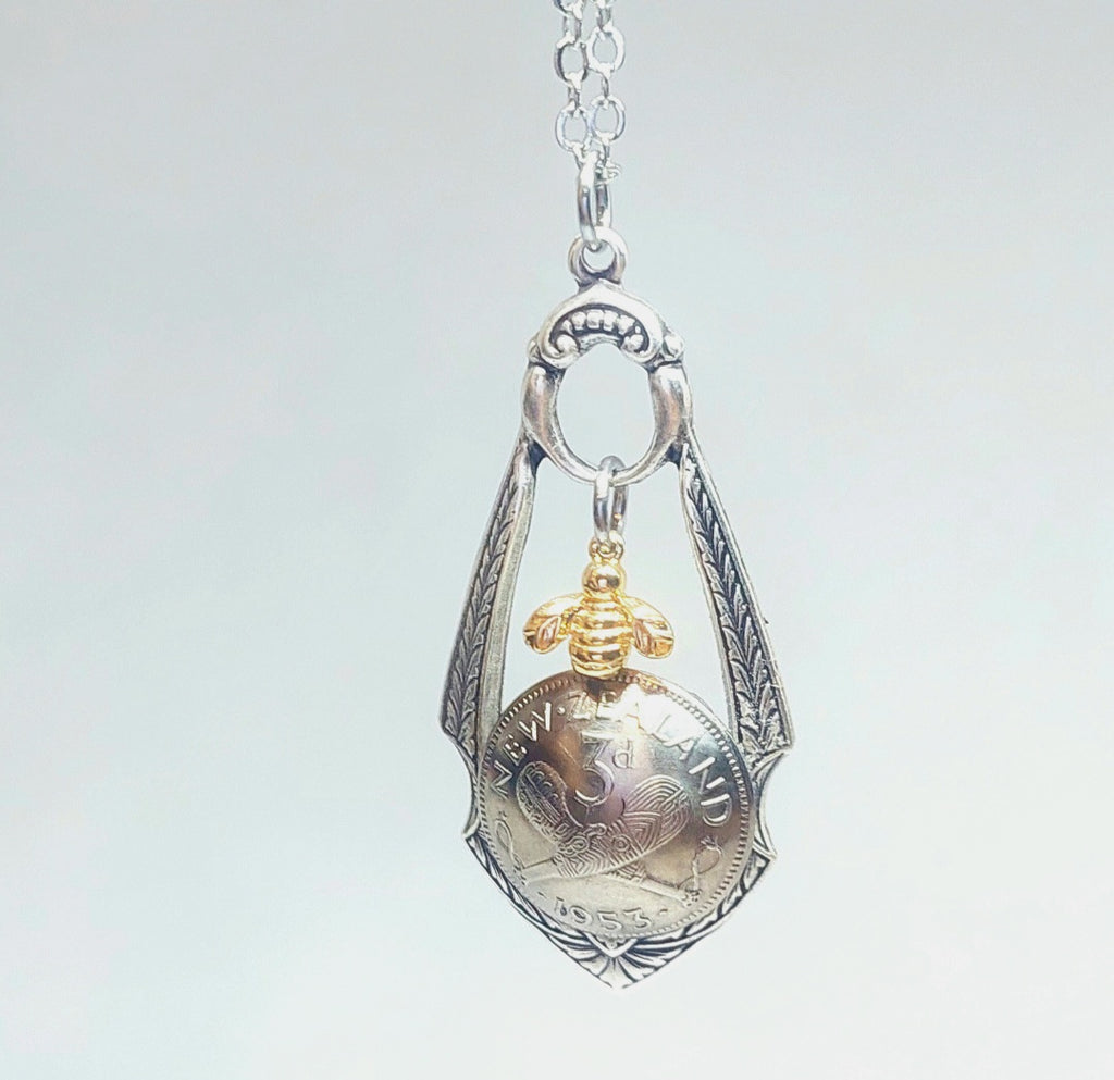 NEW!! Re-minted Ornate Drop Pendant with Tiny Gold Bee and Threepence Coin