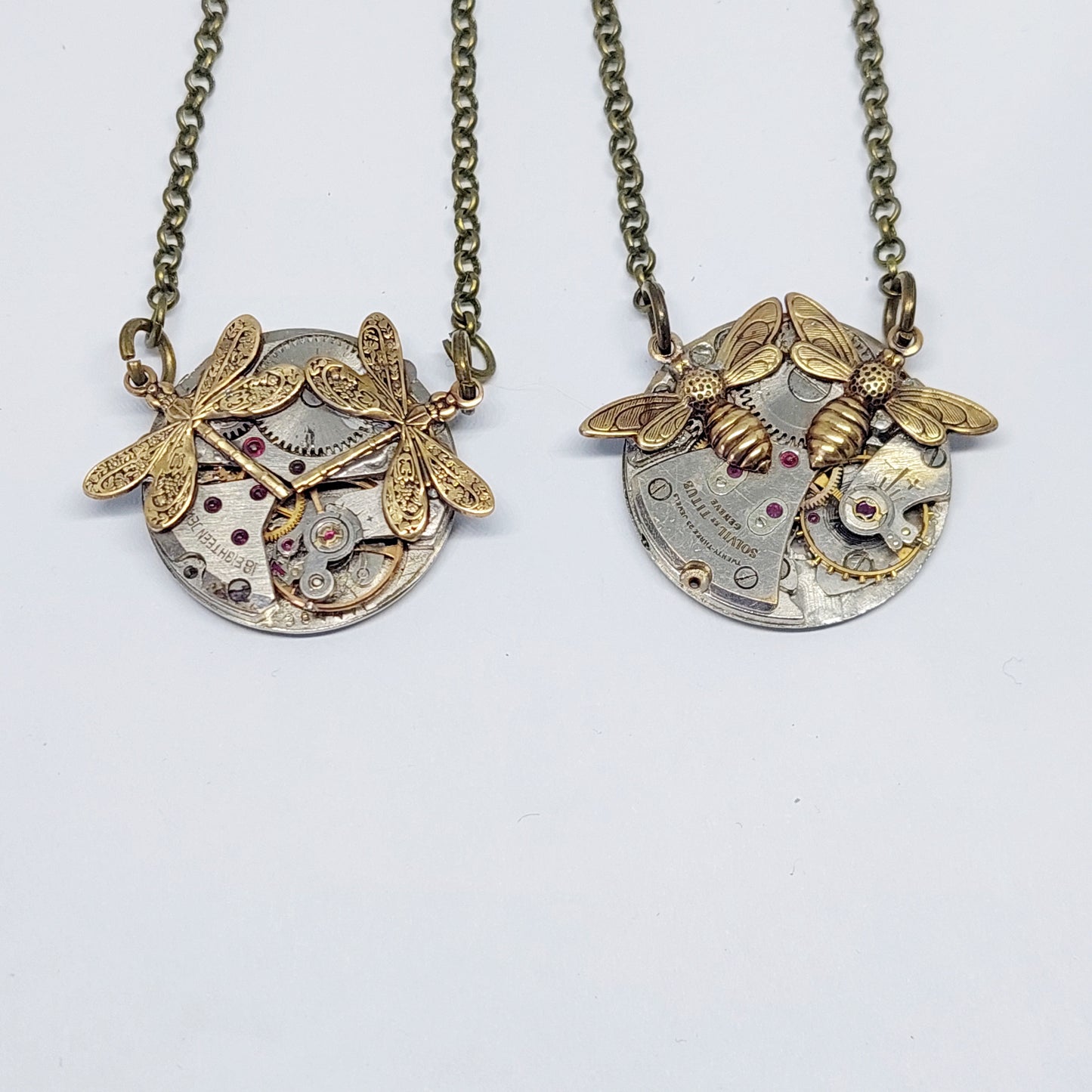 Timepiece twin dragonfly or bee pendant - mixed metal