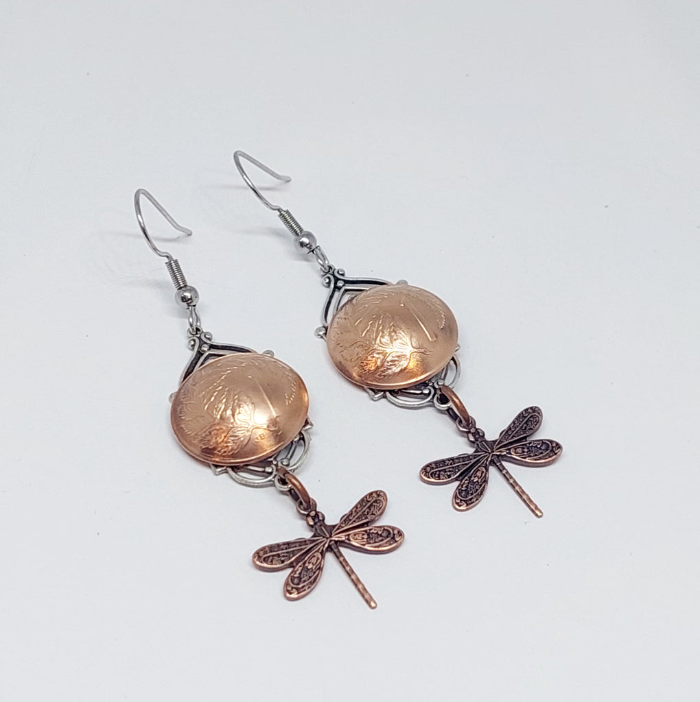 BESTSELLER! NEW!! Re-minted Art Deco Window Earrings with Dragonflies - Mixed Metal