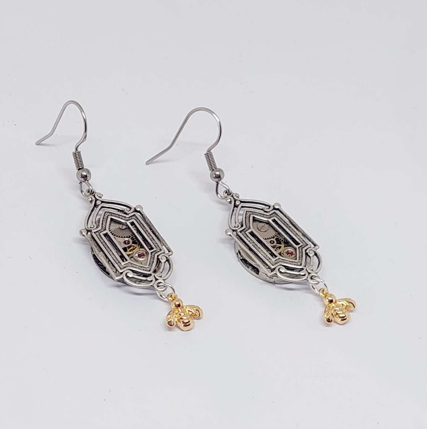 BESTSELLER! NEW!! Art deco window earrings - vintage timepieces with gold bees