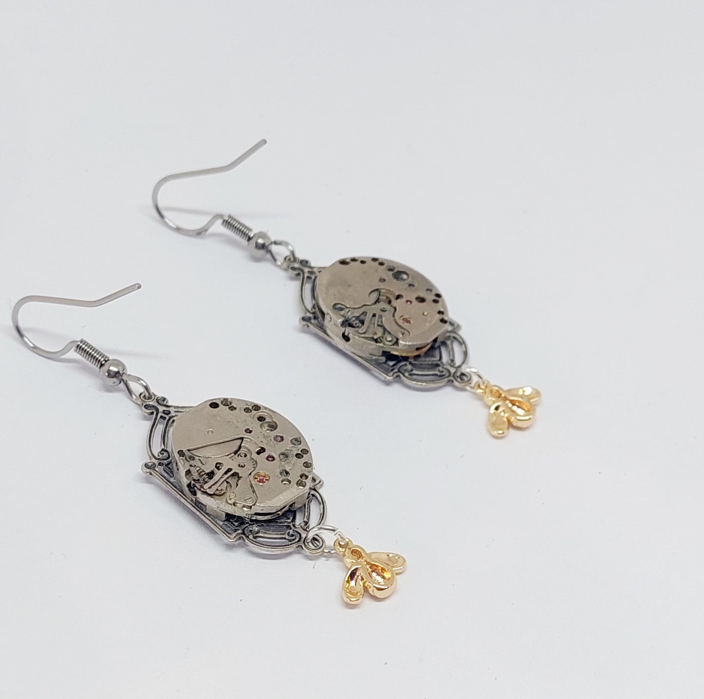 BESTSELLER! Art deco window earrings - vintage timepieces with gold bees