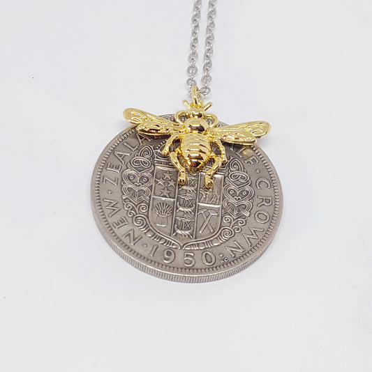 Re-minted Half Crown Pendant with Large Gold Honeybee