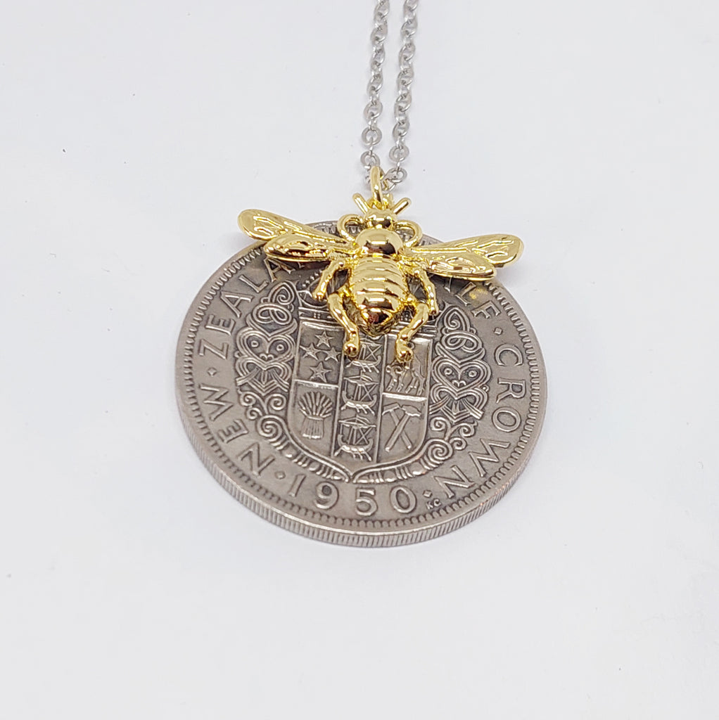 NEW!! Re-minted Half Crown Pendant with Large Gold Honeybee