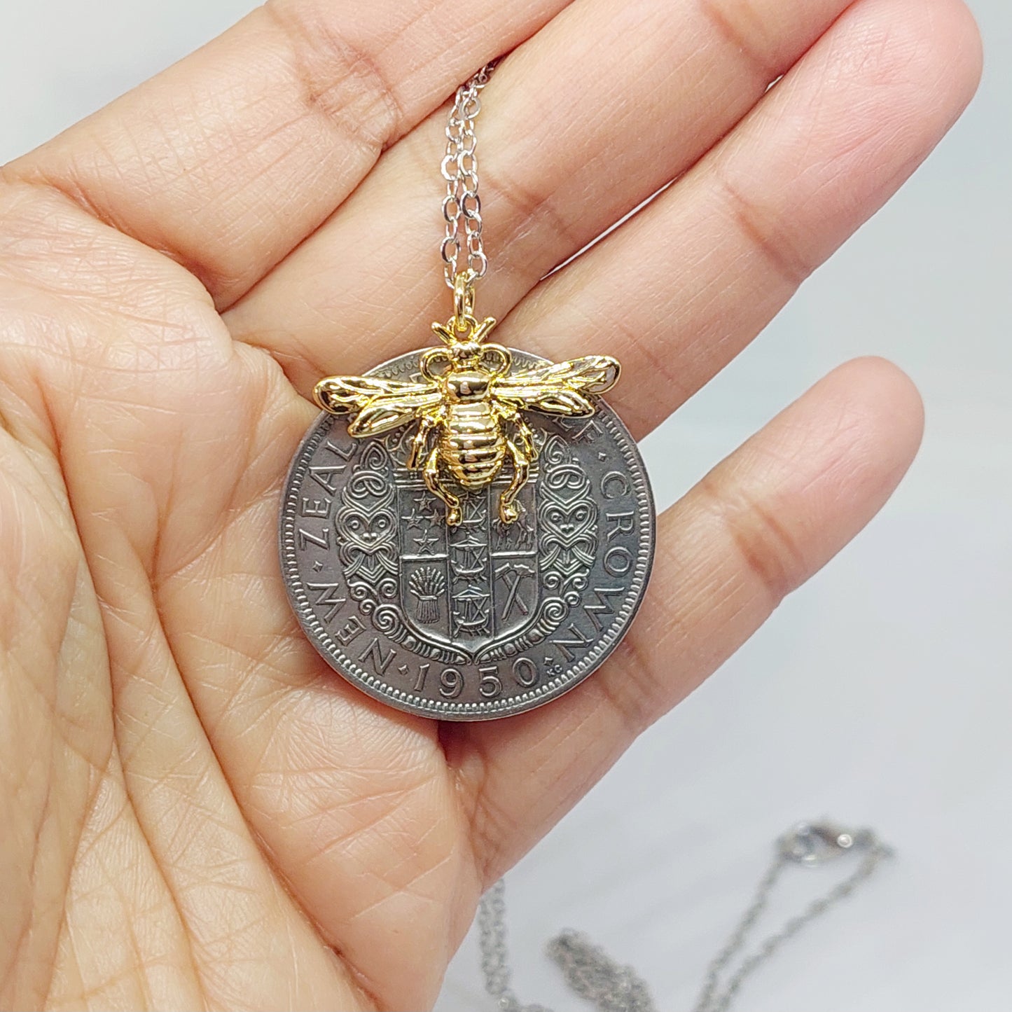 NEW!! Re-minted Half Crown Pendant with Large Gold Honeybee