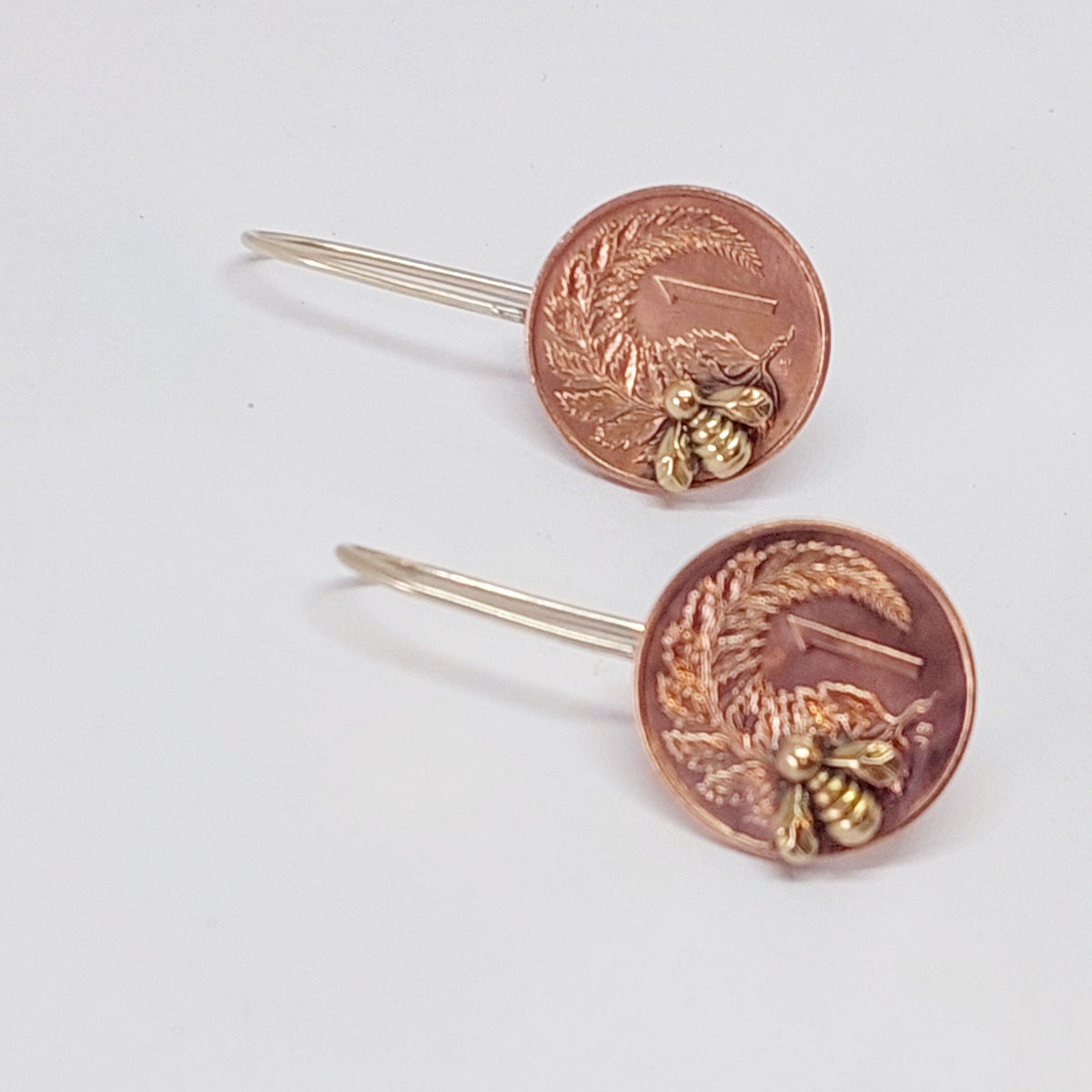 Coin Earring Design Re-minted Artisan Coin Earrings with Tiny Bees - One Cent – Rainey Designs