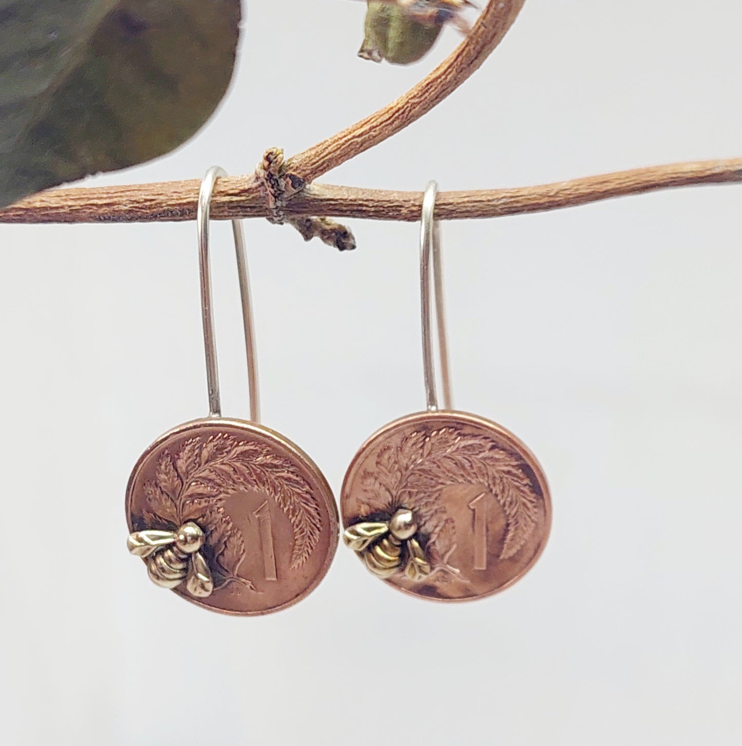Re-minted Artisan Coin Earrings with Tiny Bees - One Cent