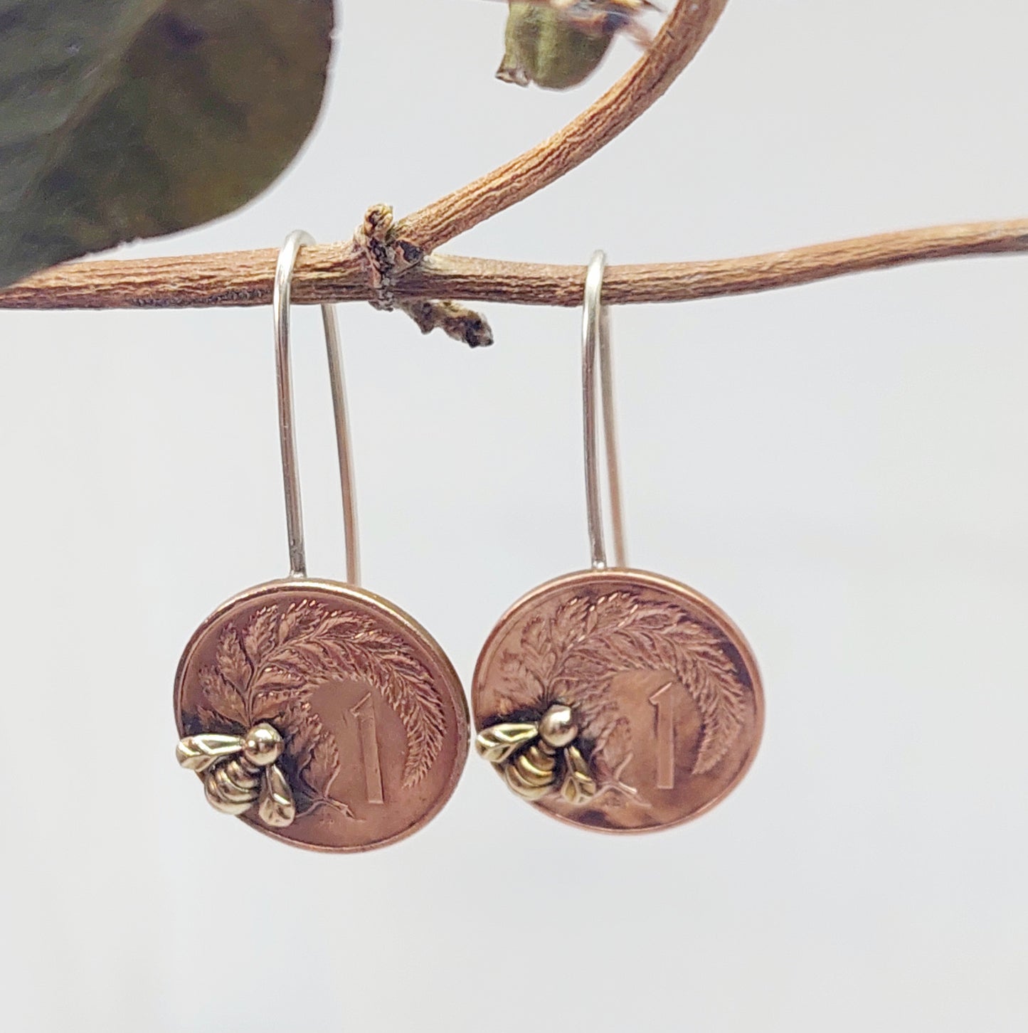 NEW!! Re-minted Artisan Coin Earrings with Tiny Bees - One Cent