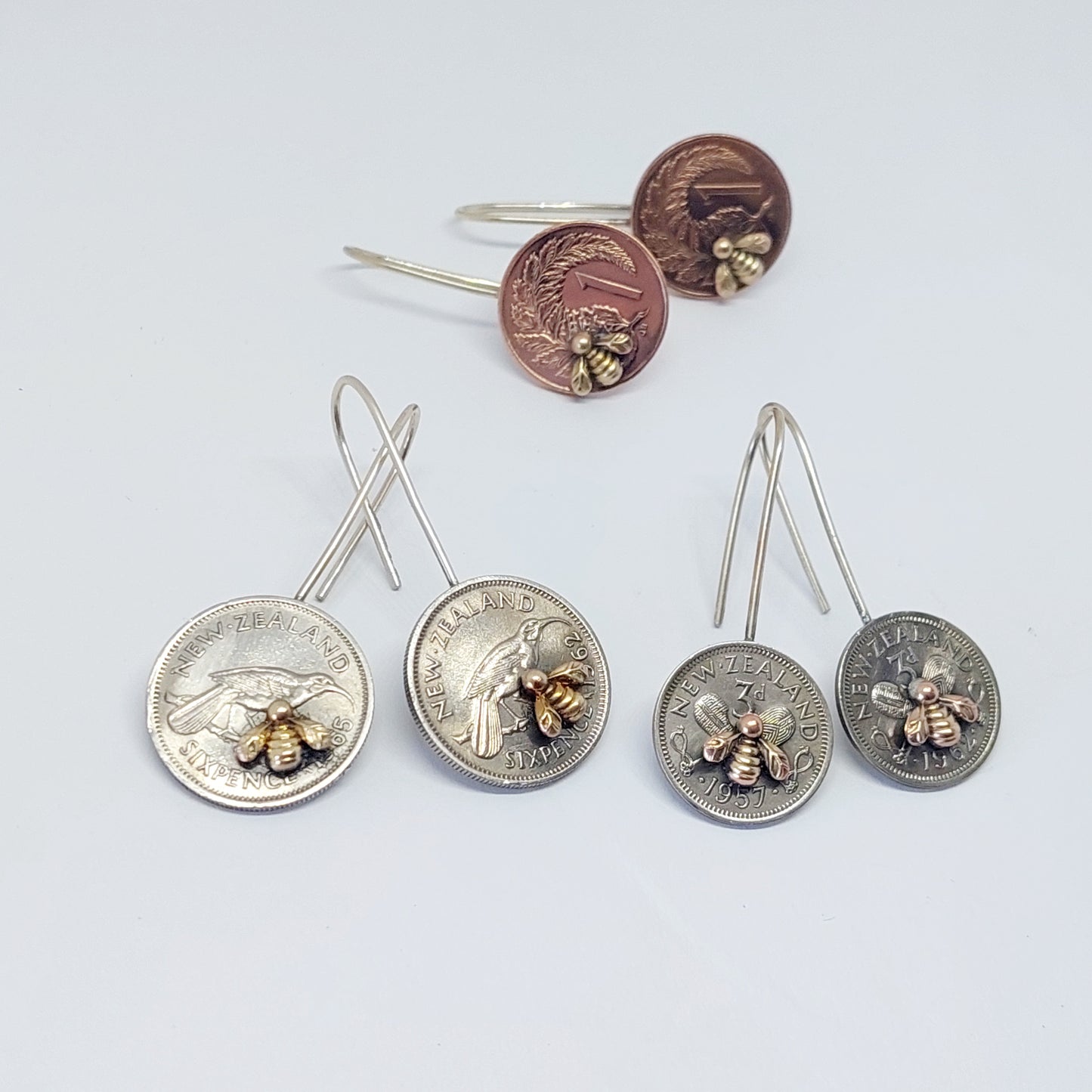 BESTSELLER! NEW!! Re-minted Artisan Coin Earrings with Tiny Bees - Threepence