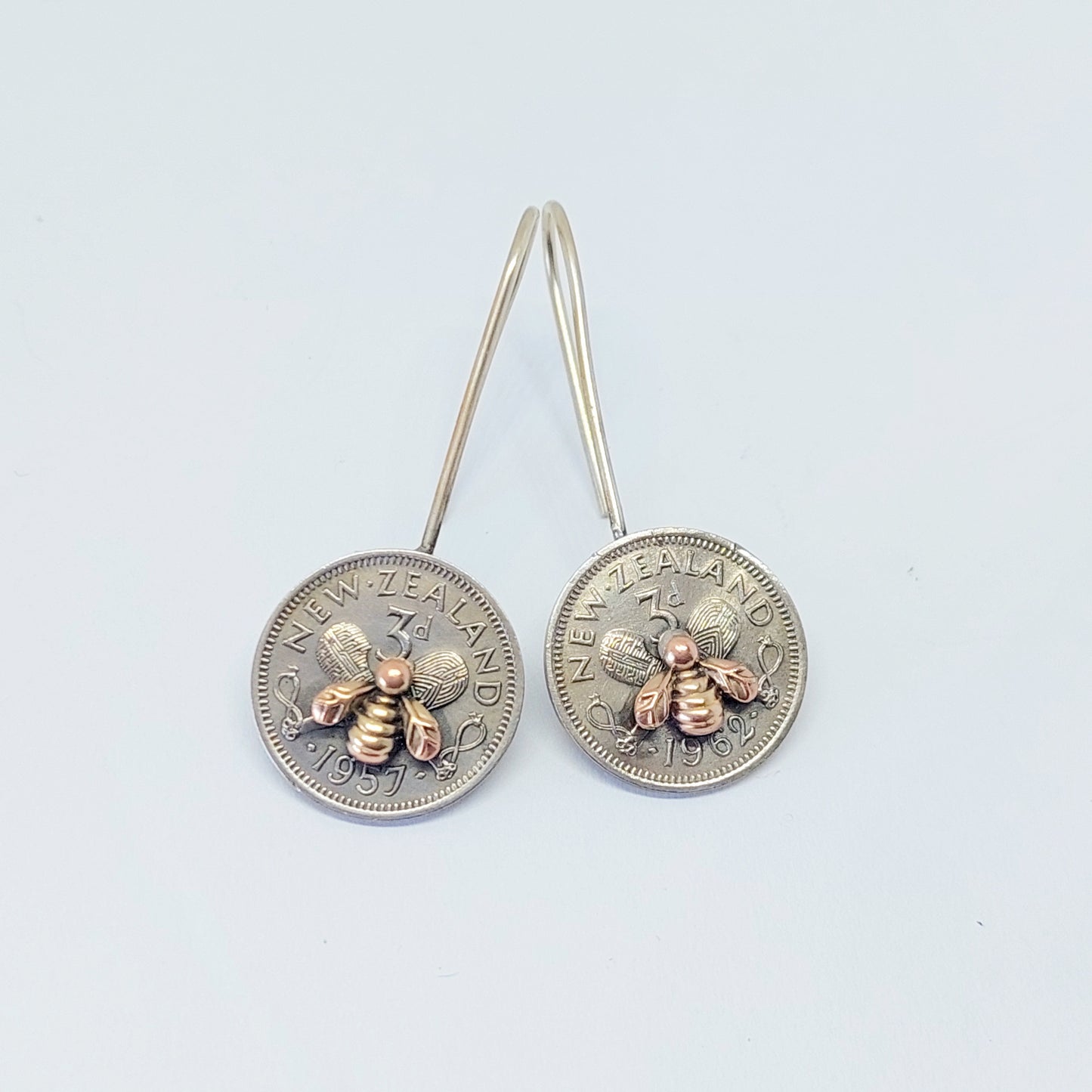 BESTSELLER! NEW!! Re-minted Artisan Coin Earrings with Tiny Bees - Threepence