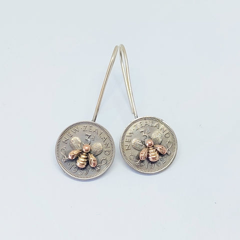 NEW!! Re-minted Artisan Coin Earrings with Tiny Bees - Threepence