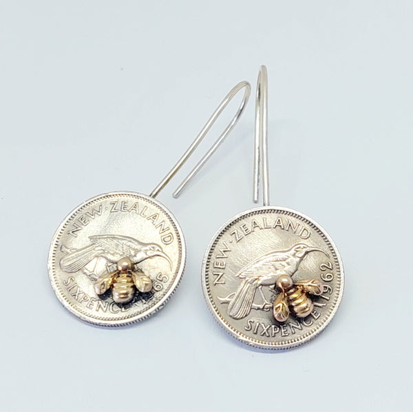 NEW!! Re-minted Artisan Coin Earrings with Tiny Bees - Sixpence