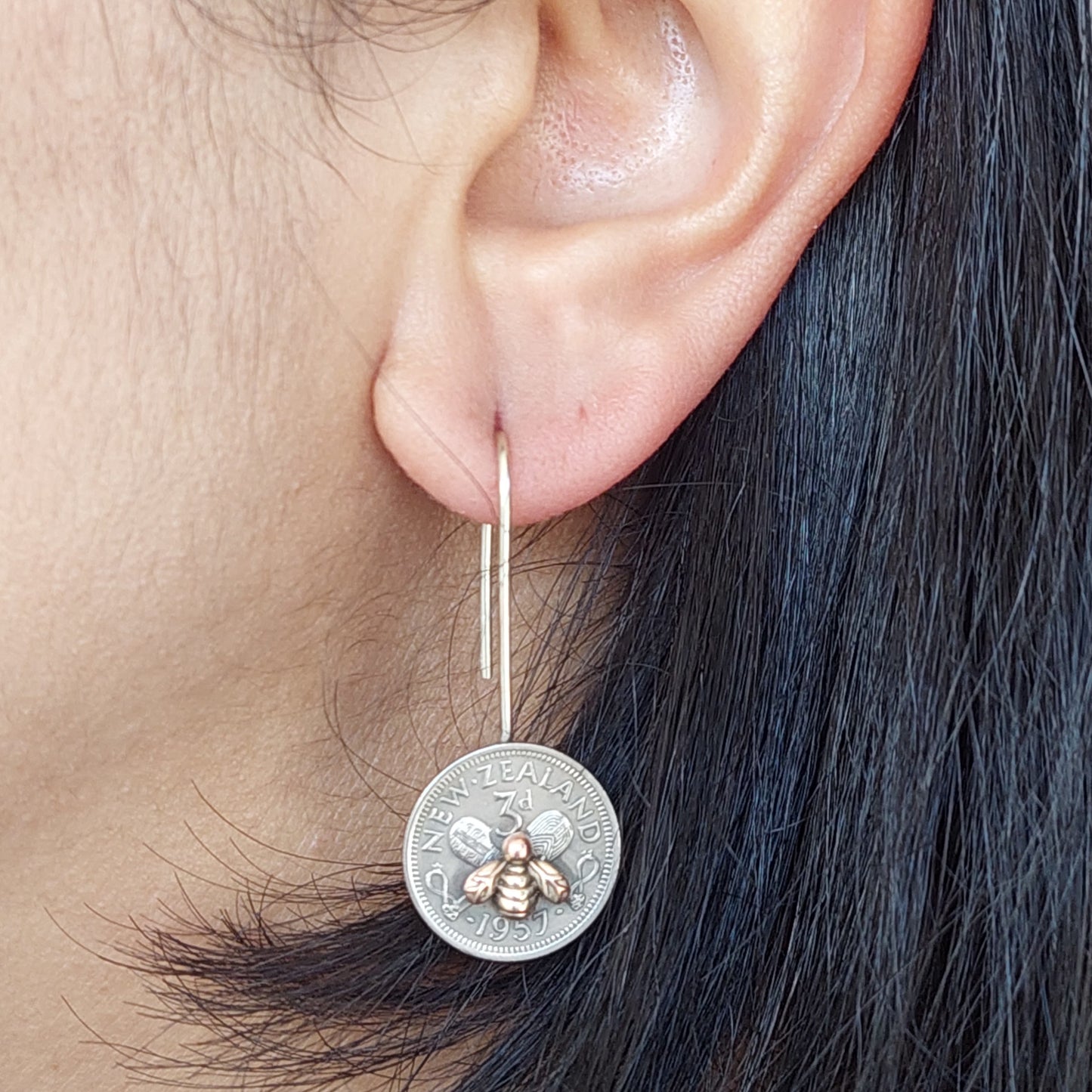 BESTSELLER! NEW!! Re-minted Artisan Coin Earrings with Tiny Bees - Threepence