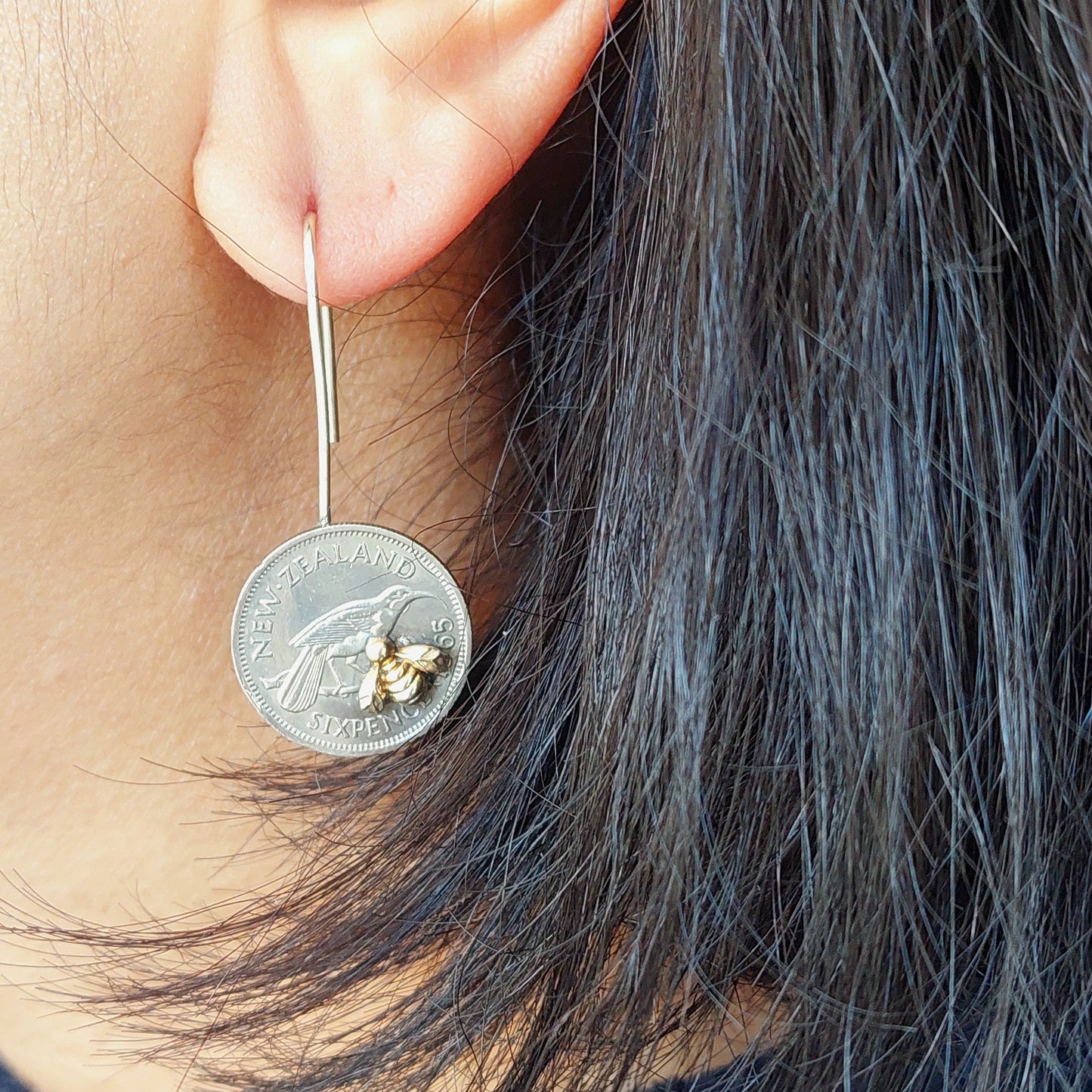 Re-minted Artisan Coin Earrings with Tiny Bees - Sixpence
