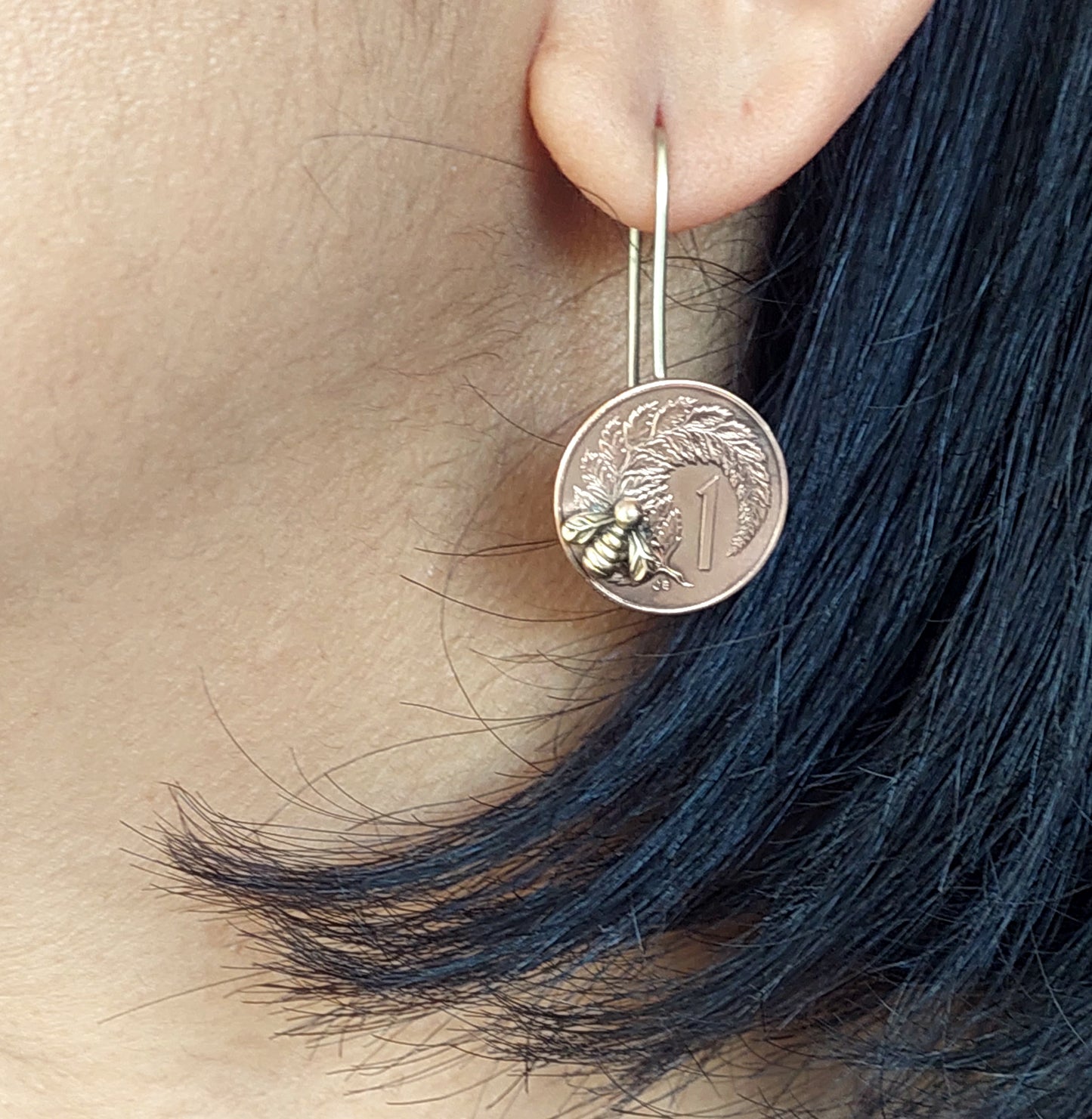 NEW!! Re-minted Artisan Coin Earrings with Tiny Bees - One Cent