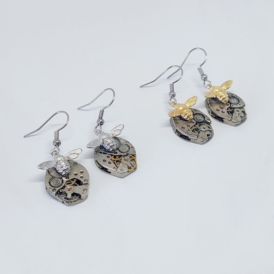 Honeybee timepiece earrings - gold or silver tone