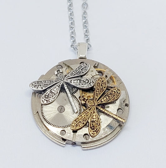 BESTSELLER!! Mixed Metal Timepiece Pendant - Dragonflies