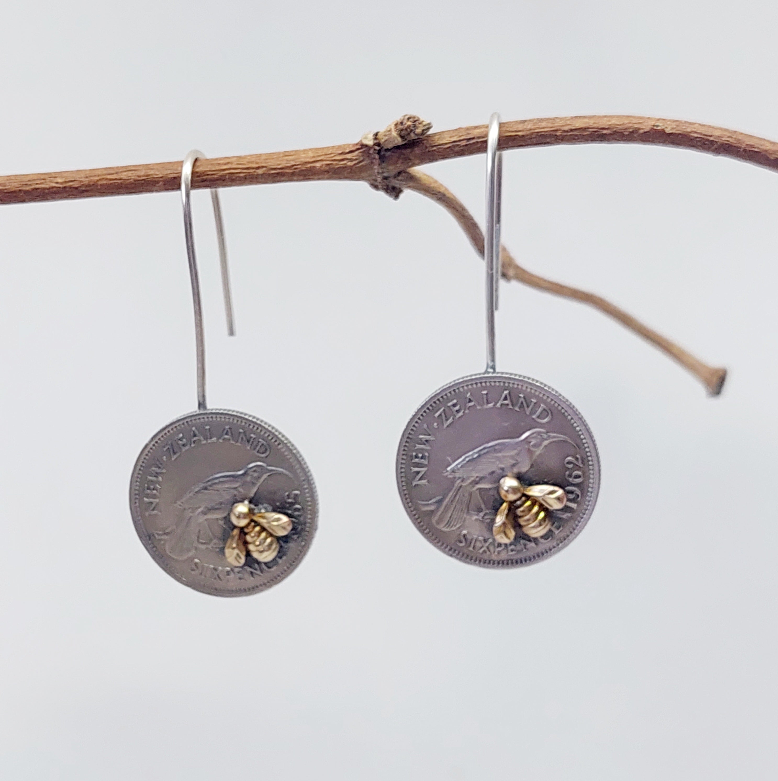 Coin Earring Design Re-minted Artisan Coin Earrings with Tiny Bees - Sixpence – Rainey Designs