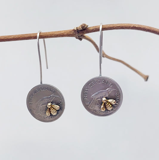 Re-minted Artisan Coin Earrings with Tiny Bees - Sixpence
