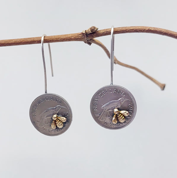 NEW!! Re-minted Artisan Coin Earrings with Tiny Bees - Sixpence