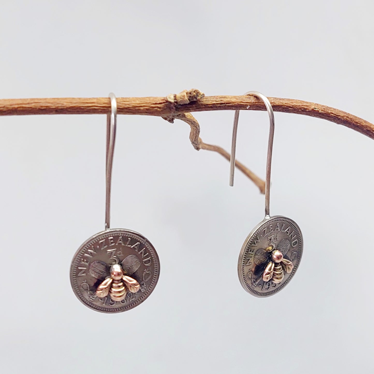 BESTSELLER! NEW!! Re-minted Artisan Coin Earrings with Tiny Bees - Threepence