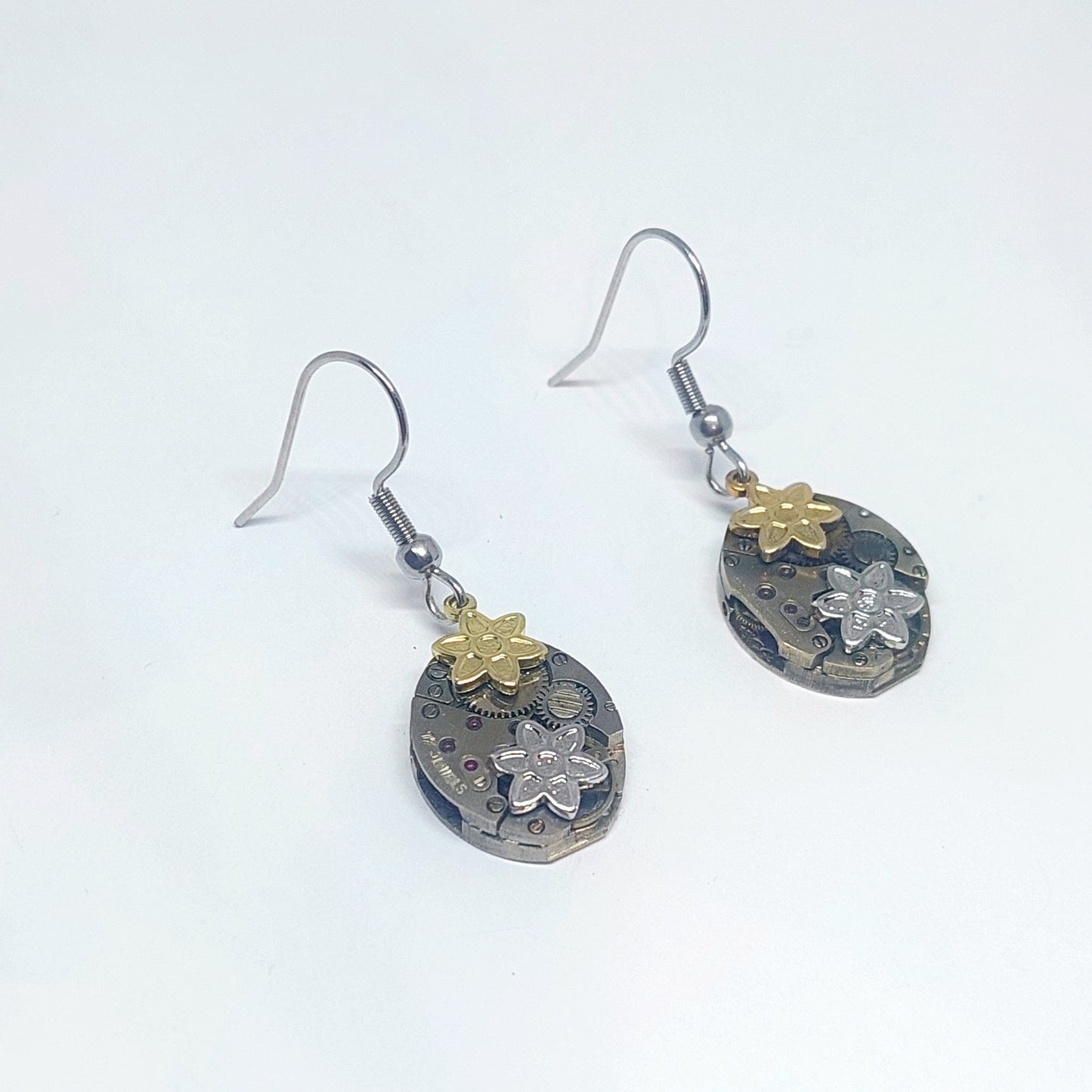 NEW!! Timepiece earrings - mixed metal flowers