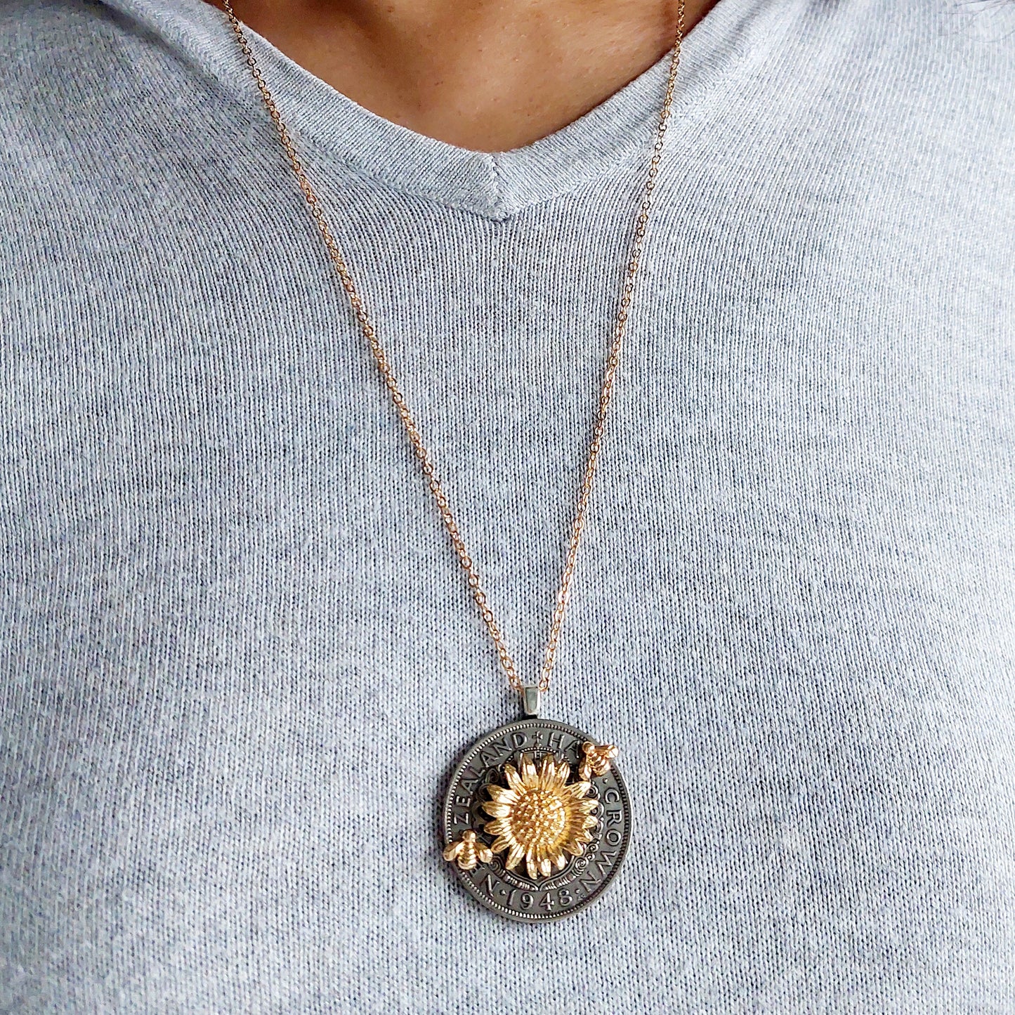 NEW!! BESTSELLER!! Re-minted Half Crown Pendant with Golden Sunflower and Bees
