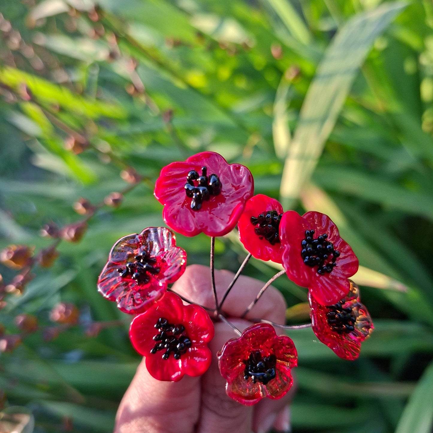 NEW! Glass Art - Anzac Red Poppy Stems