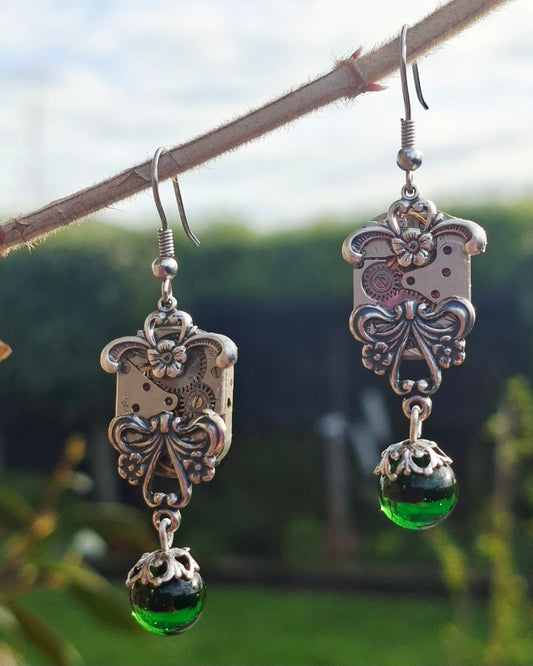 NEW! Timepiece Awa Ornate Earrings with Small Green Glass Drops