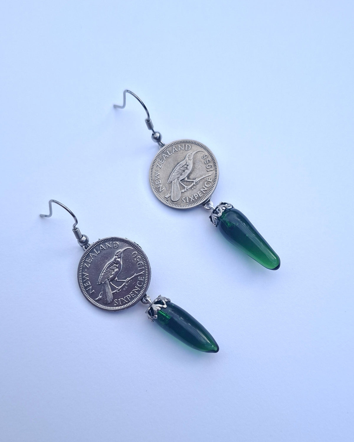 NEW! Re-minted Awa Sixpence Coin Earrings with Green Glass Pointed Drops