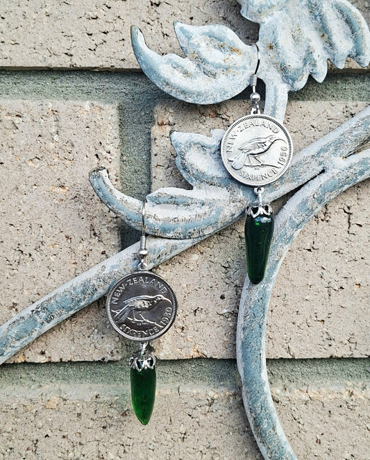 NEW! Re-minted Awa Sixpence Coin Earrings with Green Glass Pointed Drops